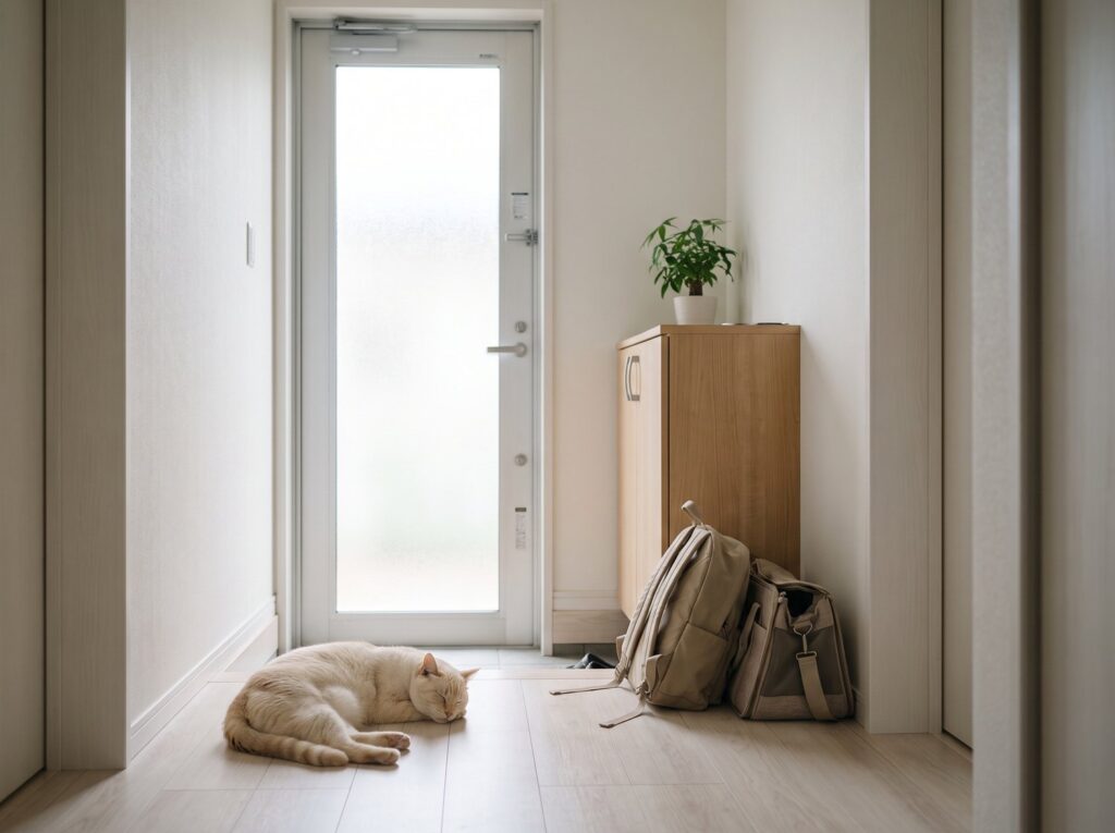 玄関に置いたペット用の防災リュックとキャリーバッグ、廊下でくつろぐ猫
