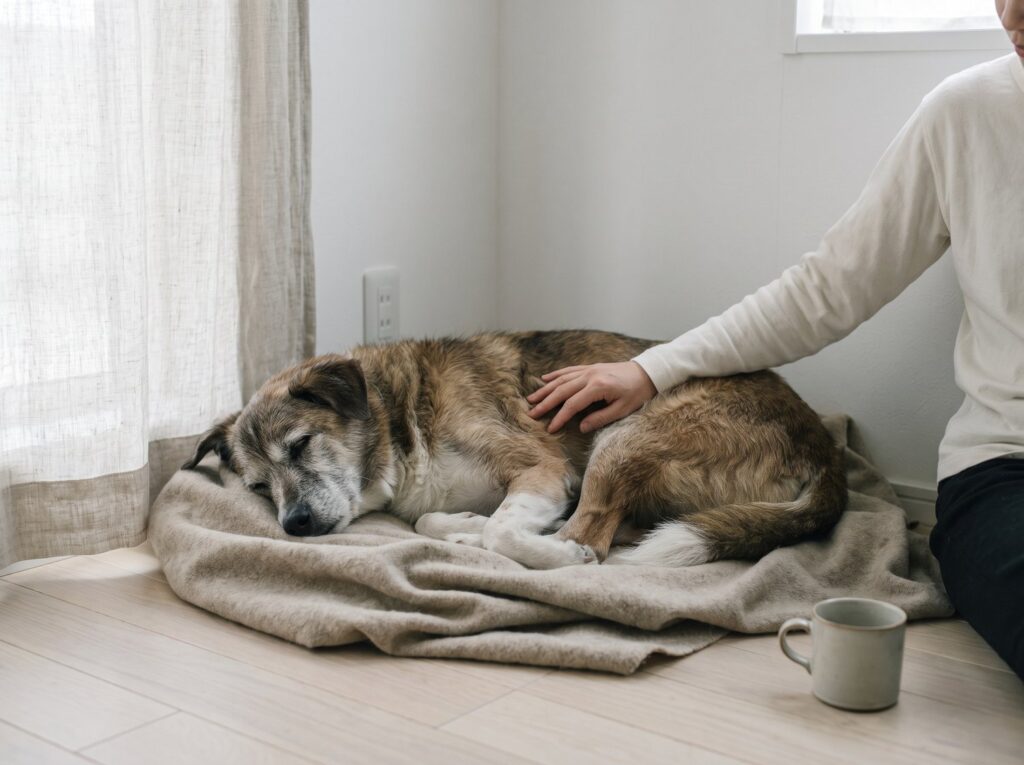 窓辺のブランケットで眠る老犬にそっと手を添えるペットの看取りのイメージ