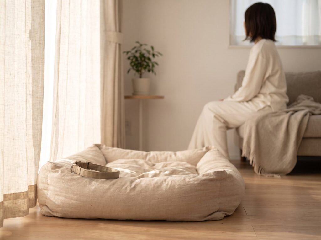 ペットを亡くしたあとの部屋に残る空のペットベッドと首輪