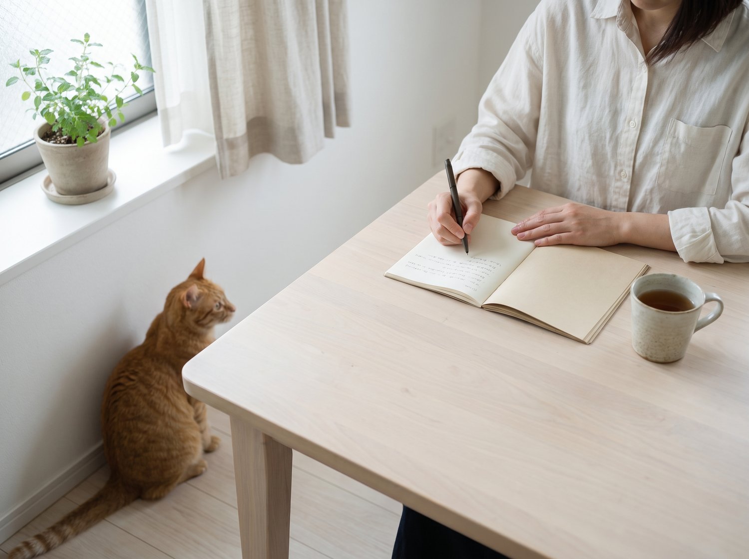 ペット供養について自宅でノートに書きながら調べる手元と足元の猫