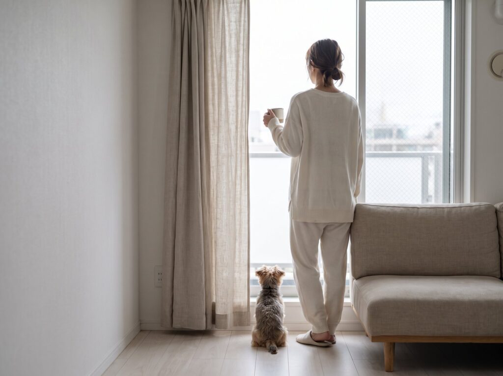 窓辺でマグを持ち外を眺める飼い主と足元で同じ方向を見るペットの小型犬