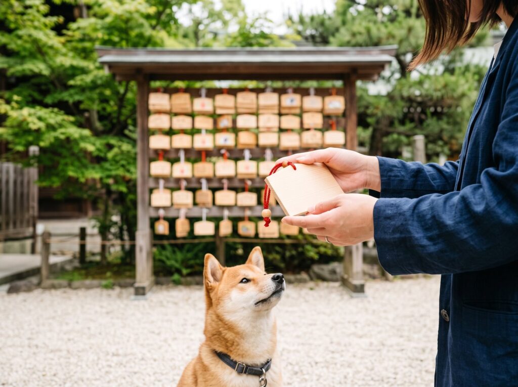 神社の絵馬掛けの前で、飼い主のそばにいる柴犬。ペットと一緒の神社参拝で周りに気を配るイメージ