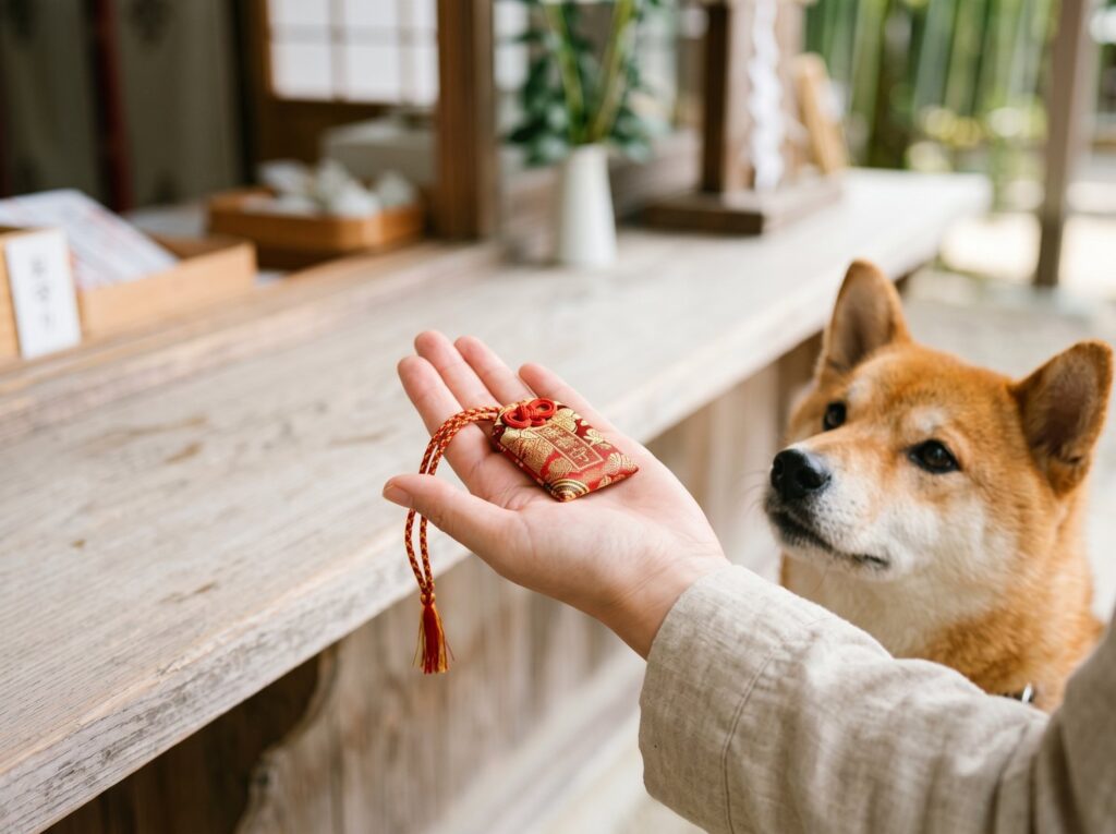 神社で受けたお守りを手のひらに乗せる飼い主と見上げる柴犬。ペットのお守りがある神社を探すときに