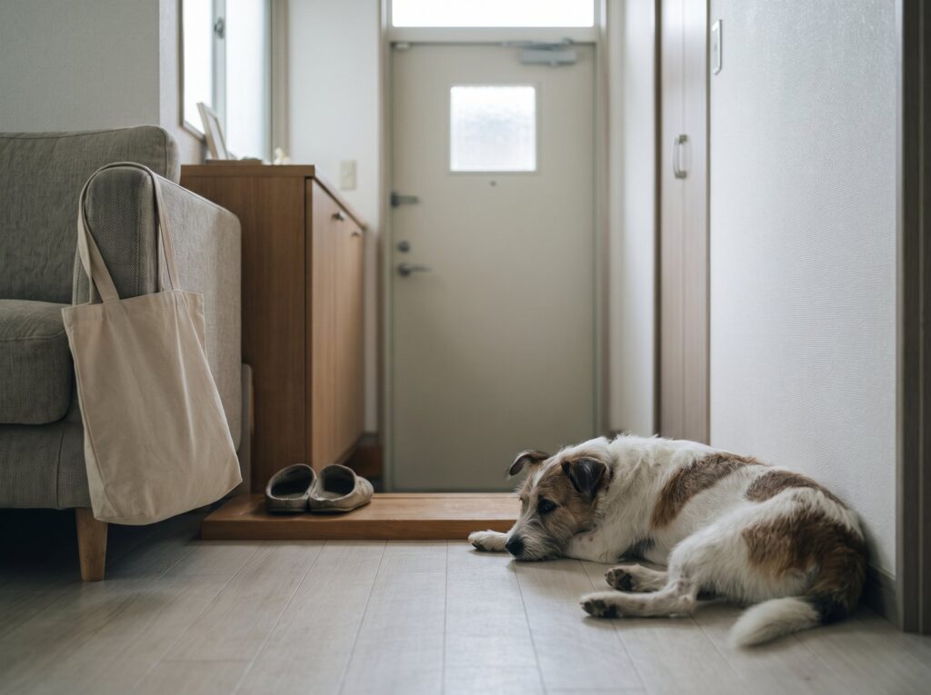 玄関の方をのんびり眺めるペットの雑種犬とバッグ、靴のある玄関まわり
