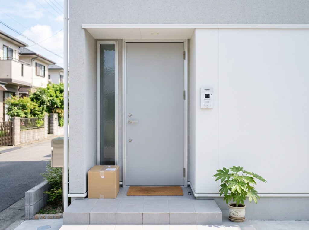 置き配された段ボールが置かれた戸建ての玄関先