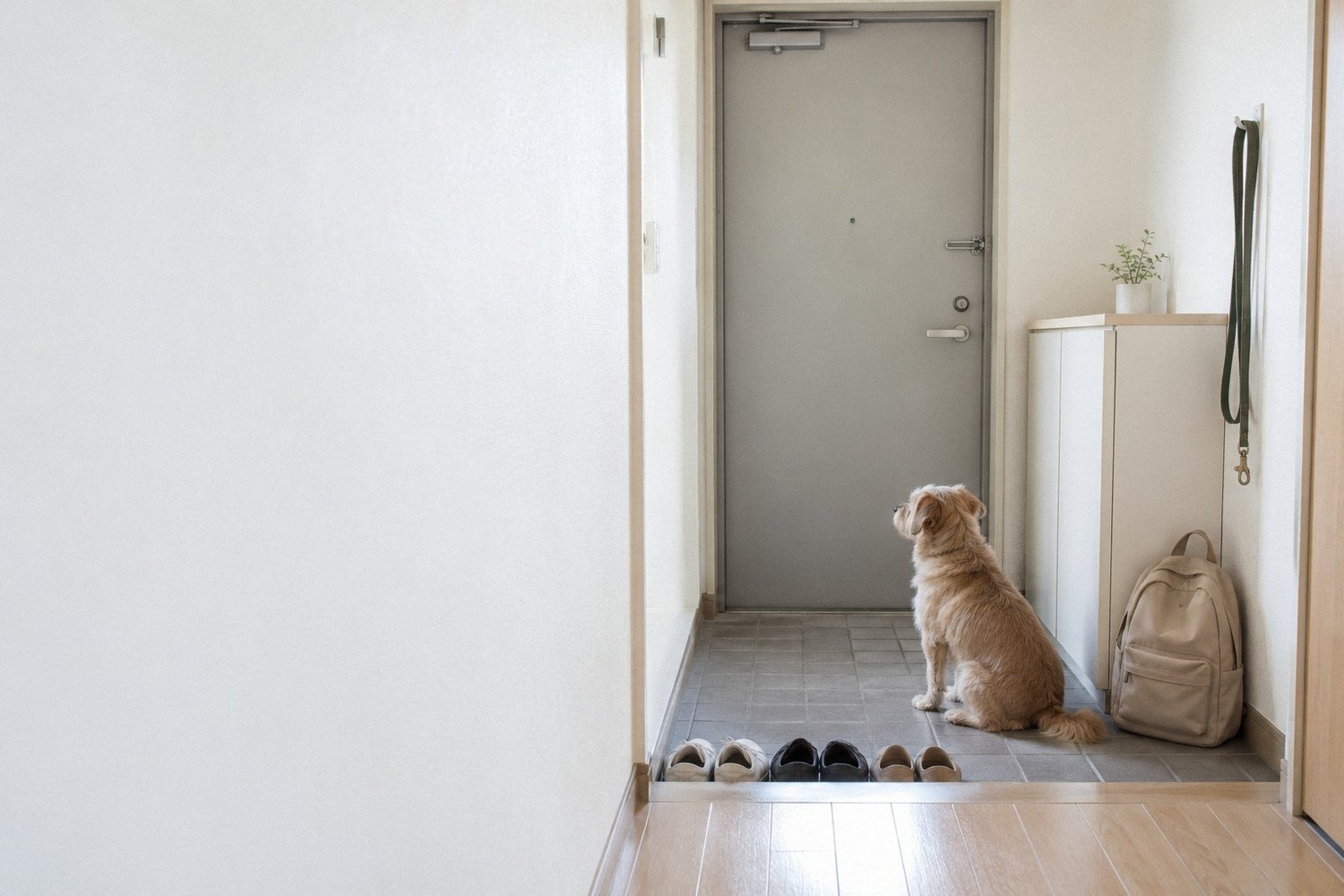 玄関の持ち出し袋とリードのそばで、ドアを見て落ち着いて座る小型犬。玄関に備えるペット防災のイメージ