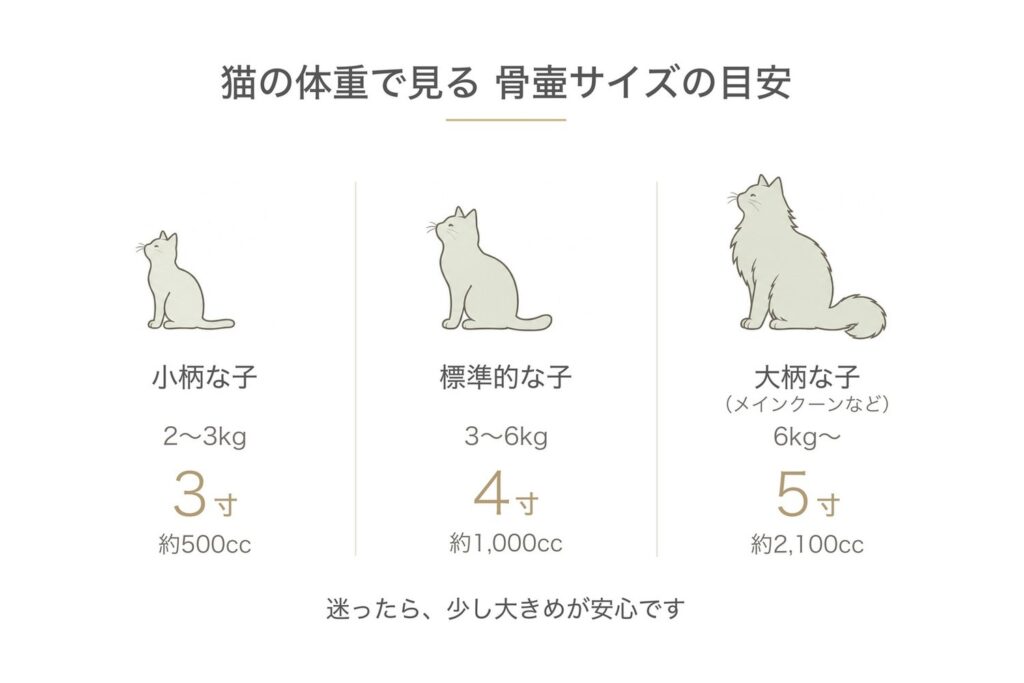 猫の体重で見る骨壷サイズの目安。2〜3kgは3寸、3〜6kgは4寸、6kgを超える大柄な子は5寸