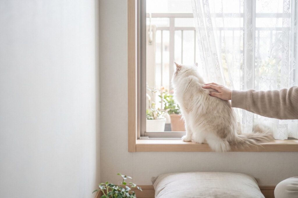 ペットの火葬後の遺骨の色や量に戸惑う気持ちに寄りそう、窓辺の猫の背に手を添える写真