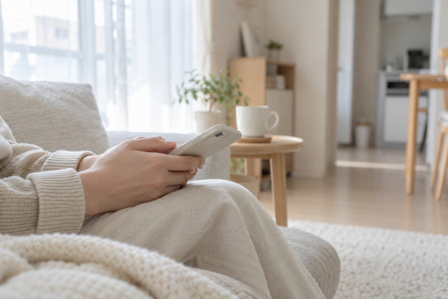 朝の部屋で、スマートフォンを手に持ち連絡する前のひと呼吸をする人の手元。ペットが亡くなったことを職場に伝えるときのイメージ