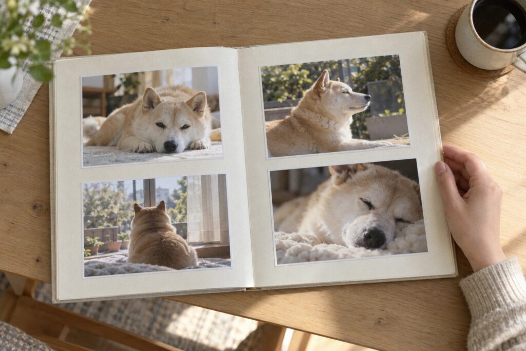 テーブルの上に開いた小さなアルバムに、同じ犬のいろいろな角度の写真が並ぶ。手が添えられている。ペットの遺影にする写真を選ぶイメージ