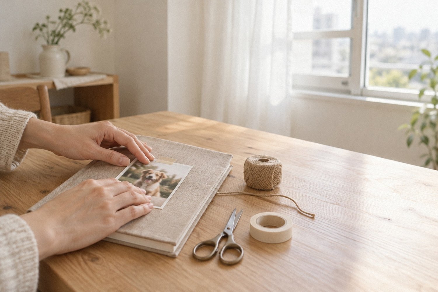 手作りのノートにペットの写真を貼る手元。身近な材料でつくる思い出のメモリアルグッズのイメージ