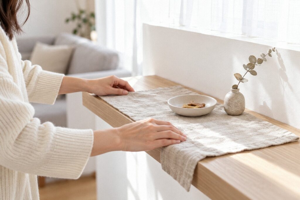窓辺の棚に布を敷き、小皿におやつを供える手元。自宅でペットの祭壇を飾る準備のイメージ