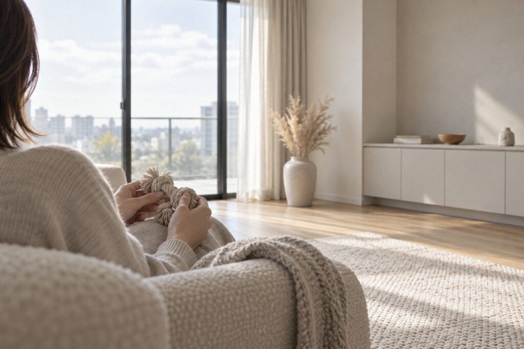ソファで膝の上のペットのおもちゃを両手で持つ肩越しの姿。納骨後のさみしさと向き合うイメージ