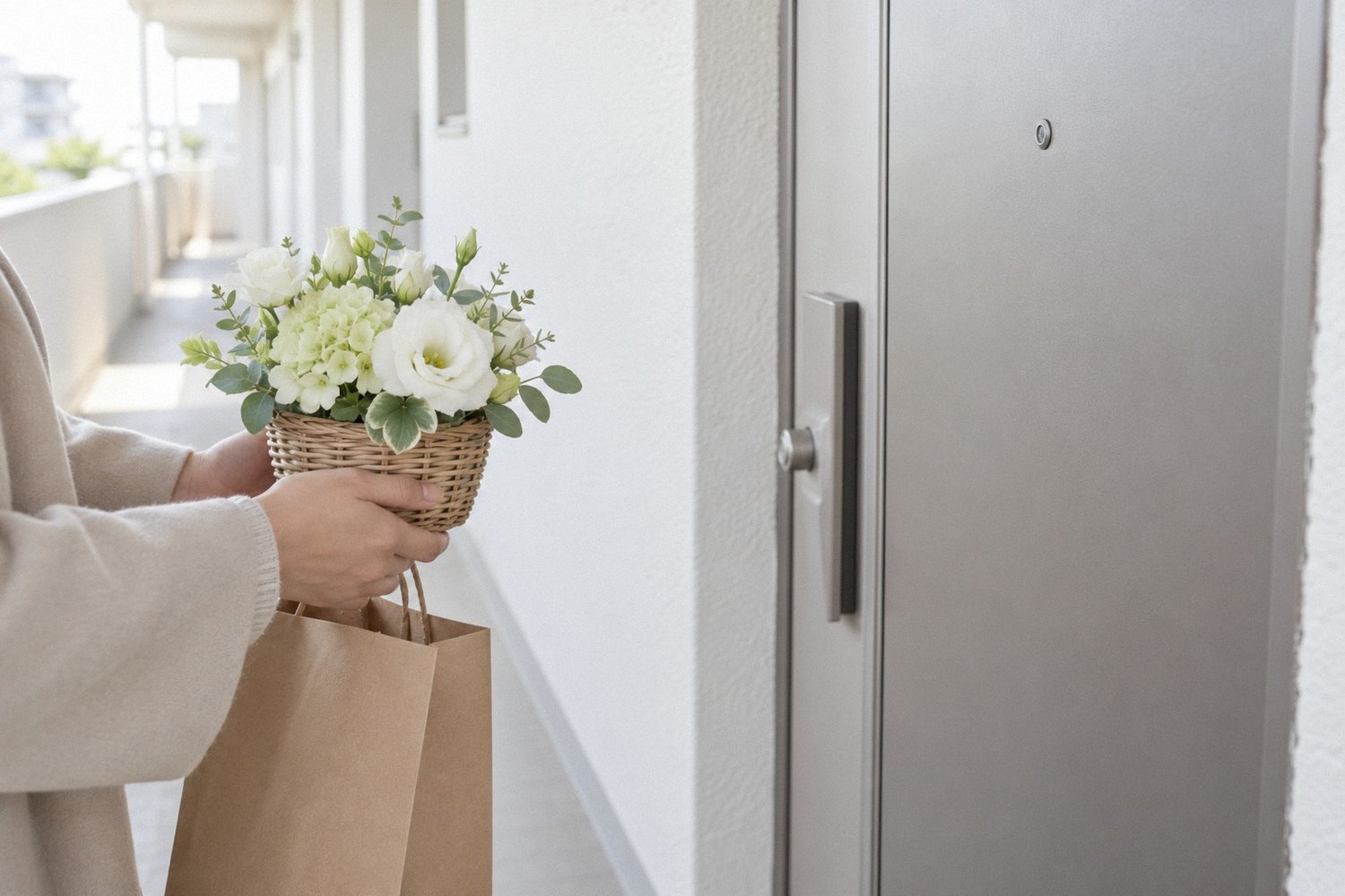 白と淡いグリーンの花かごを持って玄関の前に立つ手元。ペットを亡くした人へ贈り物を届けるイメージ