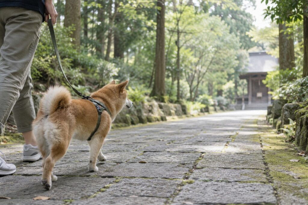 木立の中の神社の参道を飼い主と歩く柴犬。ペットのお守りを受けに神社へ向かうイメージ