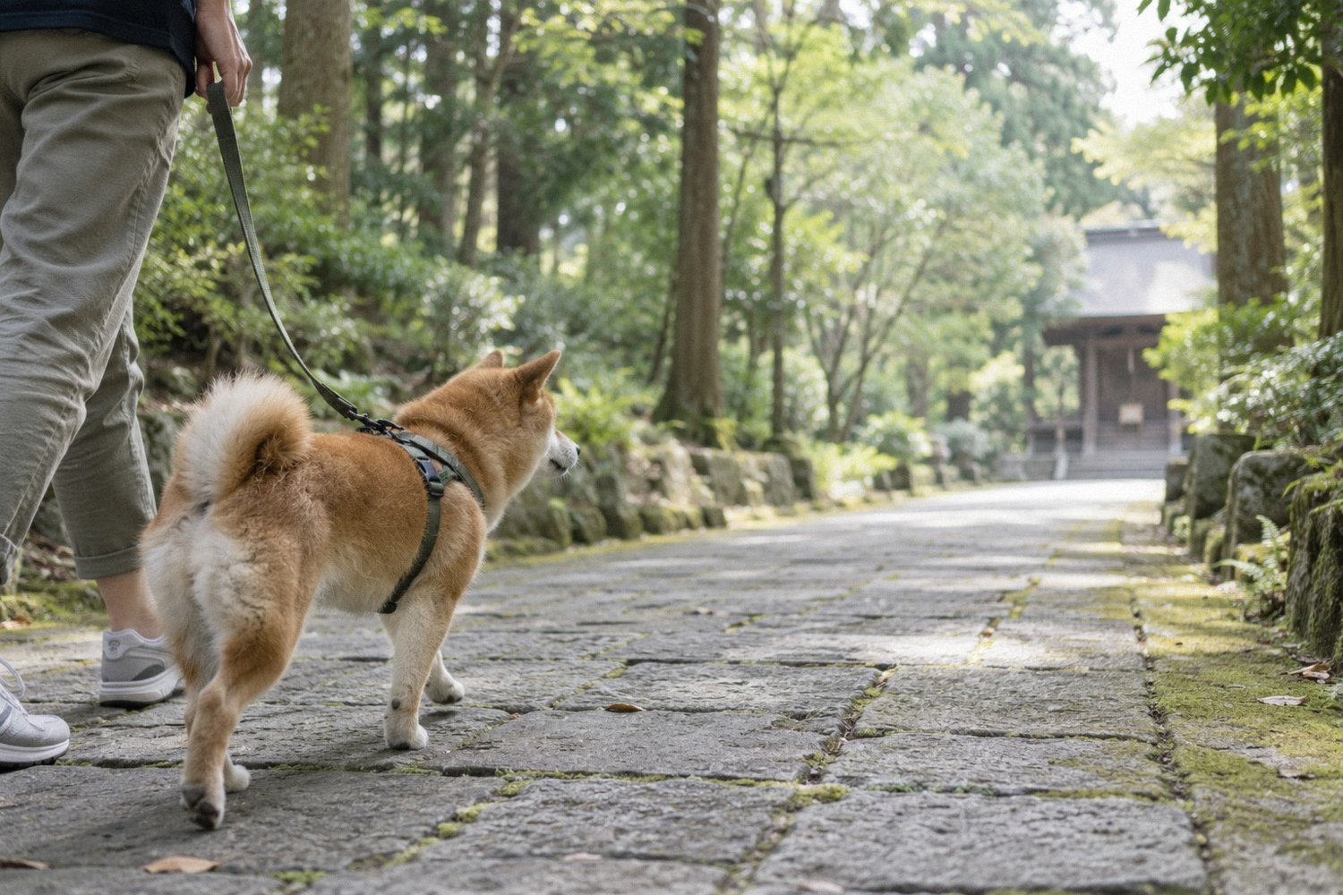 木立の中の神社の参道を飼い主と歩く柴犬。ペットのお守りを受けに神社へ向かうイメージ