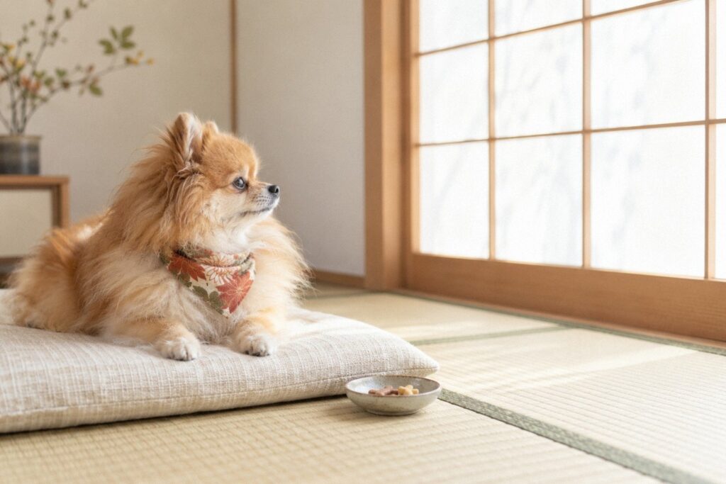 和室の座布団に座る、和柄のバンダナをつけたポメラニアン。ペットの七五三を家で祝うイメージ