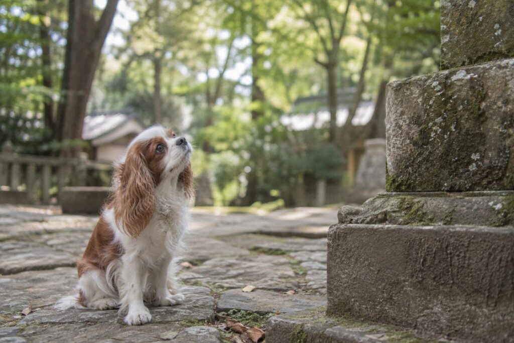 神社の石の台座を首をかしげて見上げるキャバリア。狛犬について知るイメージ