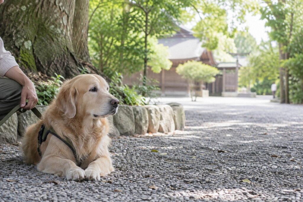神社の木陰で静かに伏せて待つゴールデンレトリーバー。ペットと神社に参拝するときのマナーのイメージ