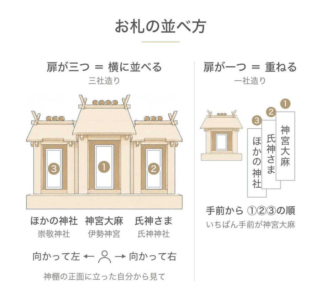 神棚のお札の並べ方。扉が三つの三社造りは中央に神宮大麻、向かって右に氏神さま、左にほかの神社。扉が一つの一社造りは手前から神宮大麻、氏神さま、ほかの神社の順に重ねる