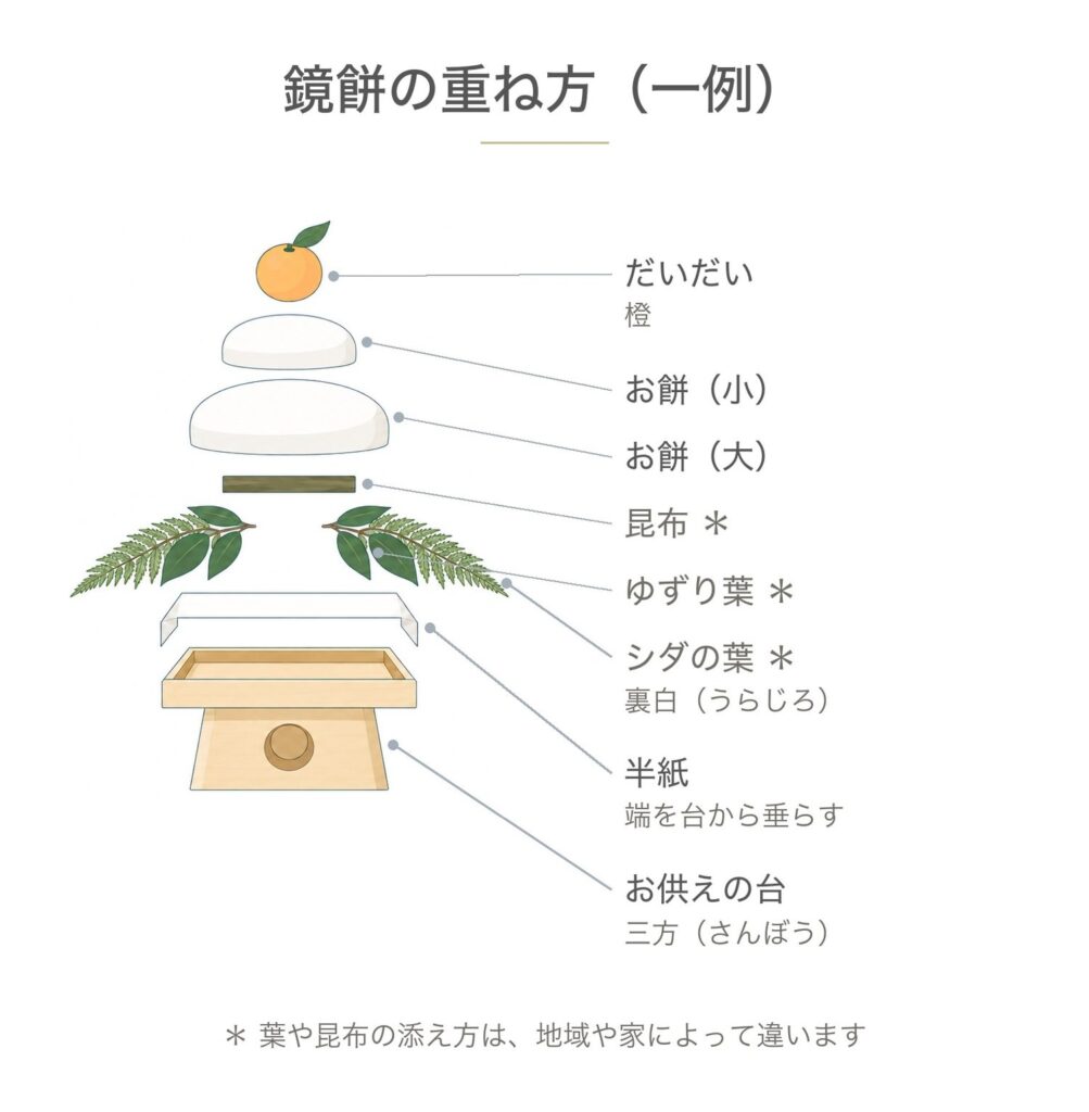 神棚に供える鏡餅の重ね方の一例。三方に半紙を敷き、裏白・ゆずり葉・昆布を添えて大小のお餅を重ね、上に橙をのせる