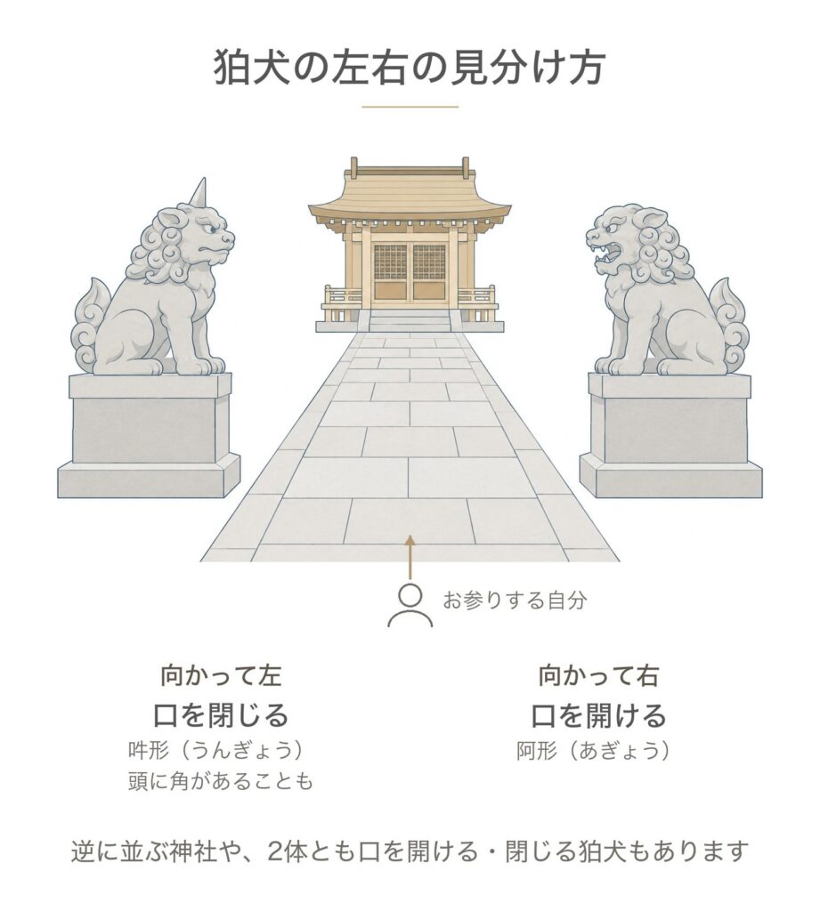 狛犬の阿吽の並び。社殿に向かって立ったとき、右が口を開けた阿形、左が口を閉じた吽形。吽形の頭に角があることも