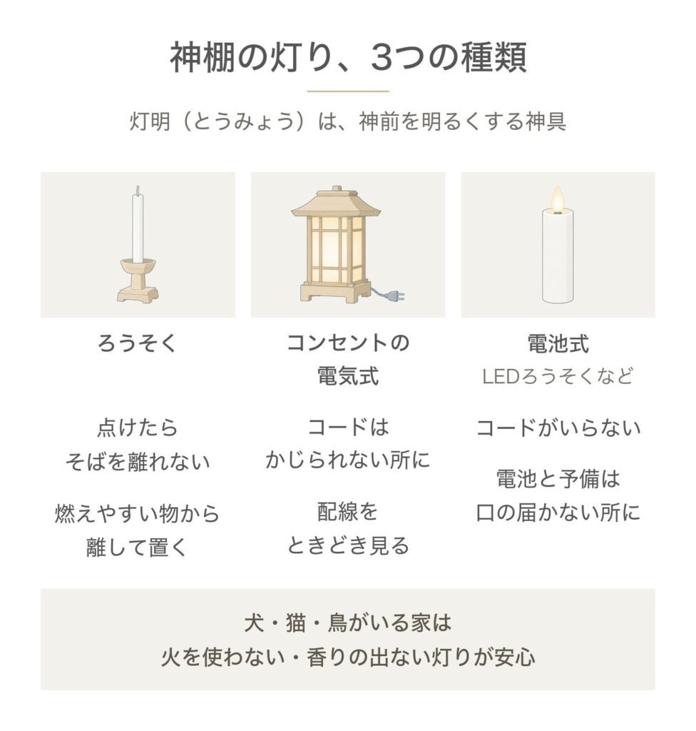 神棚の灯り（灯明）3つの種類。ろうそくは点けたらそばを離れず、燃えやすい物から離して置く。コンセントの電気式はコードをかじられない所に置き、配線をときどき見る。電池式（LEDろうそくなど）はコードがいらず、電池と予備は口の届かない所に。犬・猫・鳥がいる家は、火を使わない・香りの出ない灯りが安心