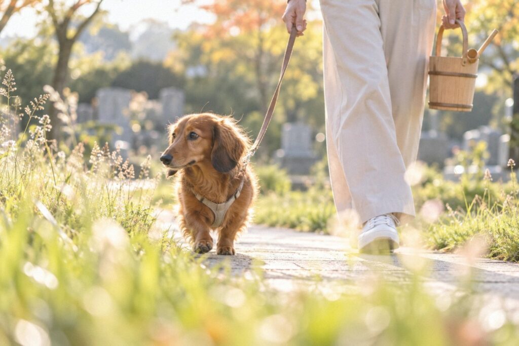 お彼岸に霊園の小道を飼い主と並んで歩くダックスフンド。犬を連れてお墓参りするときのマナーのイメージ