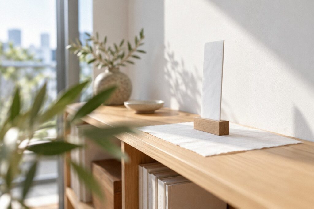 本棚の上に白い紙を敷いて立てたお札。神棚がない賃貸やマンションで、穴をあけずにお札をお祀りするイメージ