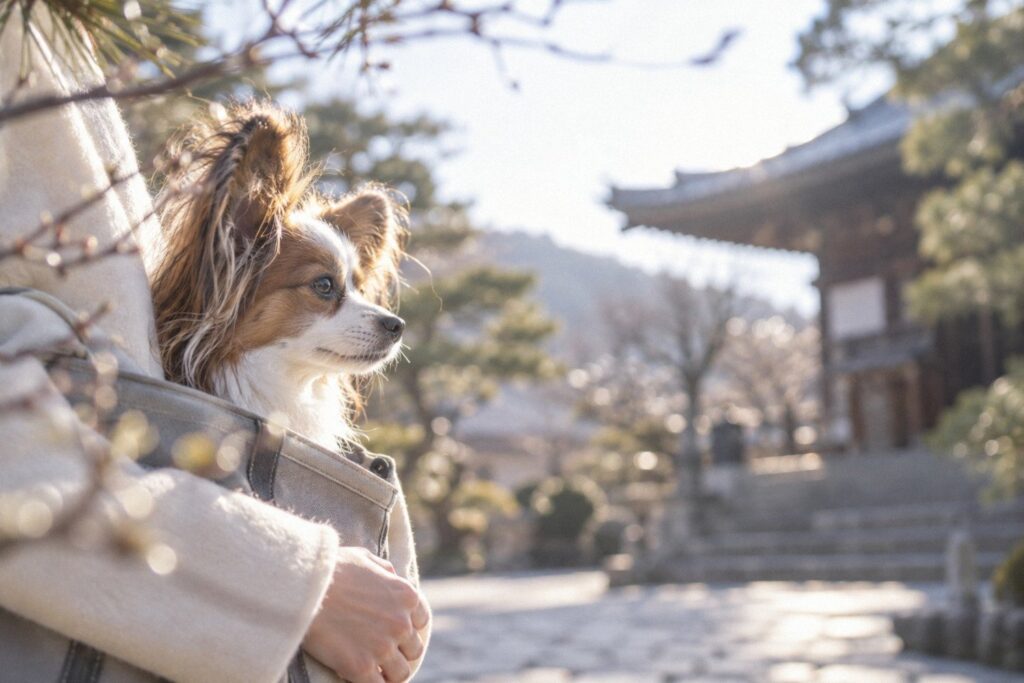 冬の朝、お寺の参道でキャリーバッグから顔を出すパピヨン。愛犬と一緒に厄除けに行くイメージ