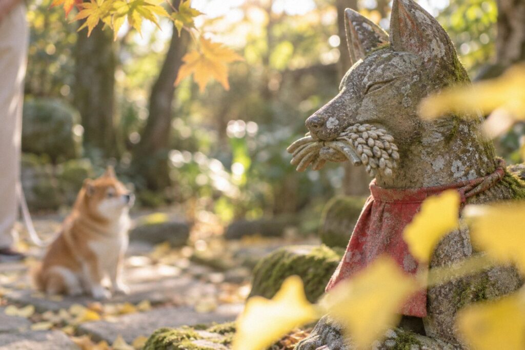 お稲荷さんの石の狐の像が口にくわえた稲穂と、奥で見上げる柴犬。稲荷の狐がくわえている物を愛犬と見に行くイメージ
