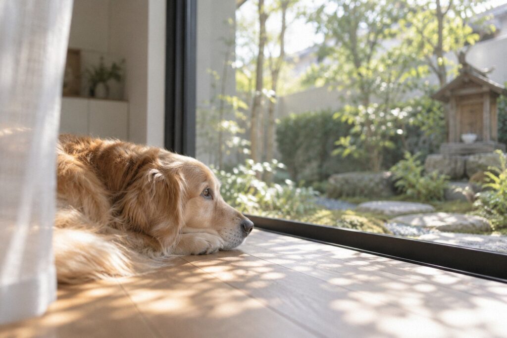 家の中から庭の小さなお稲荷さんの祠を眺めるゴールデンレトリーバー。祠のある家で犬と暮らすときに気をつけるイメージ