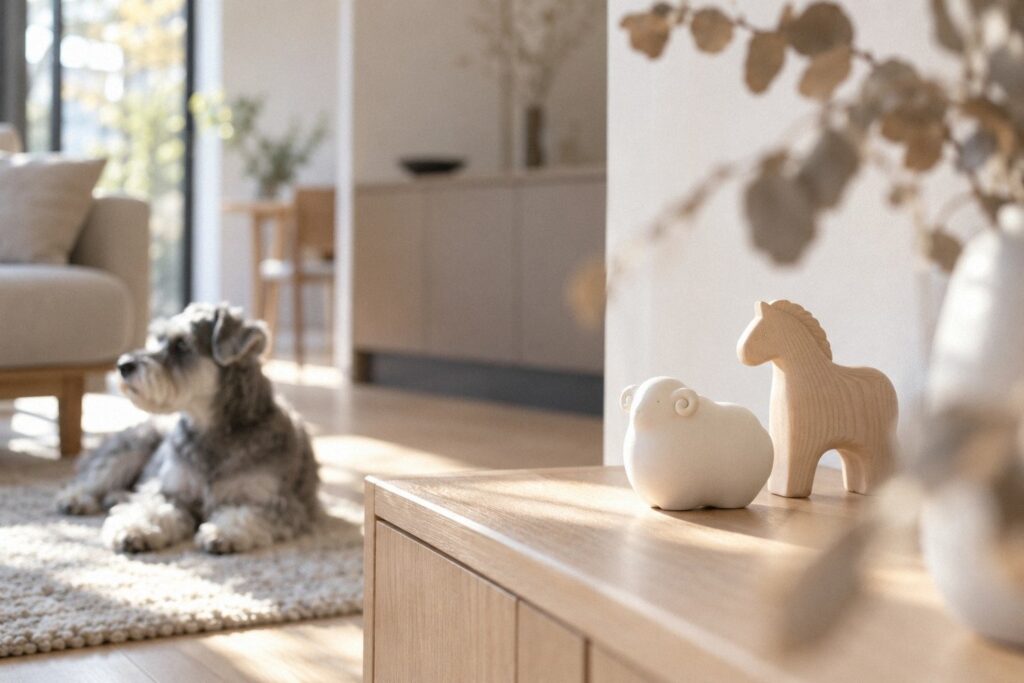棚に並べた白いひつじと木のうまの干支の置物と、奥でくつろぐ犬。うまからひつじへ、干支の置物を飾りかえるイメージ