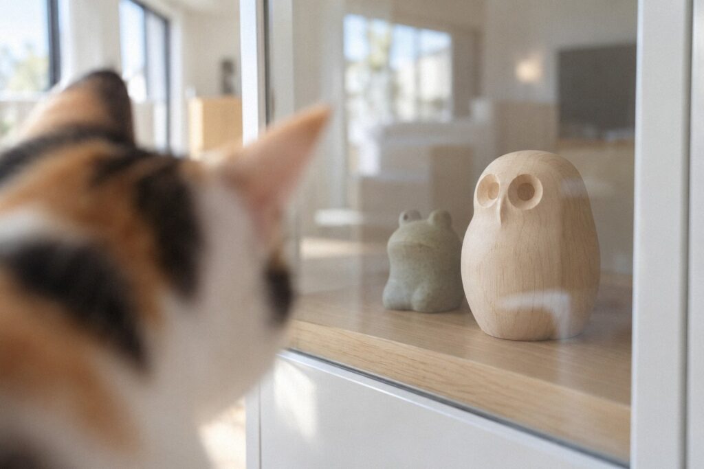 ガラス戸の飾り棚に飾ったフクロウとカエルの置物と、のぞき込む三毛猫。縁起のいい動物の置物を、猫のいる家で落ちない場所に飾るイメージ