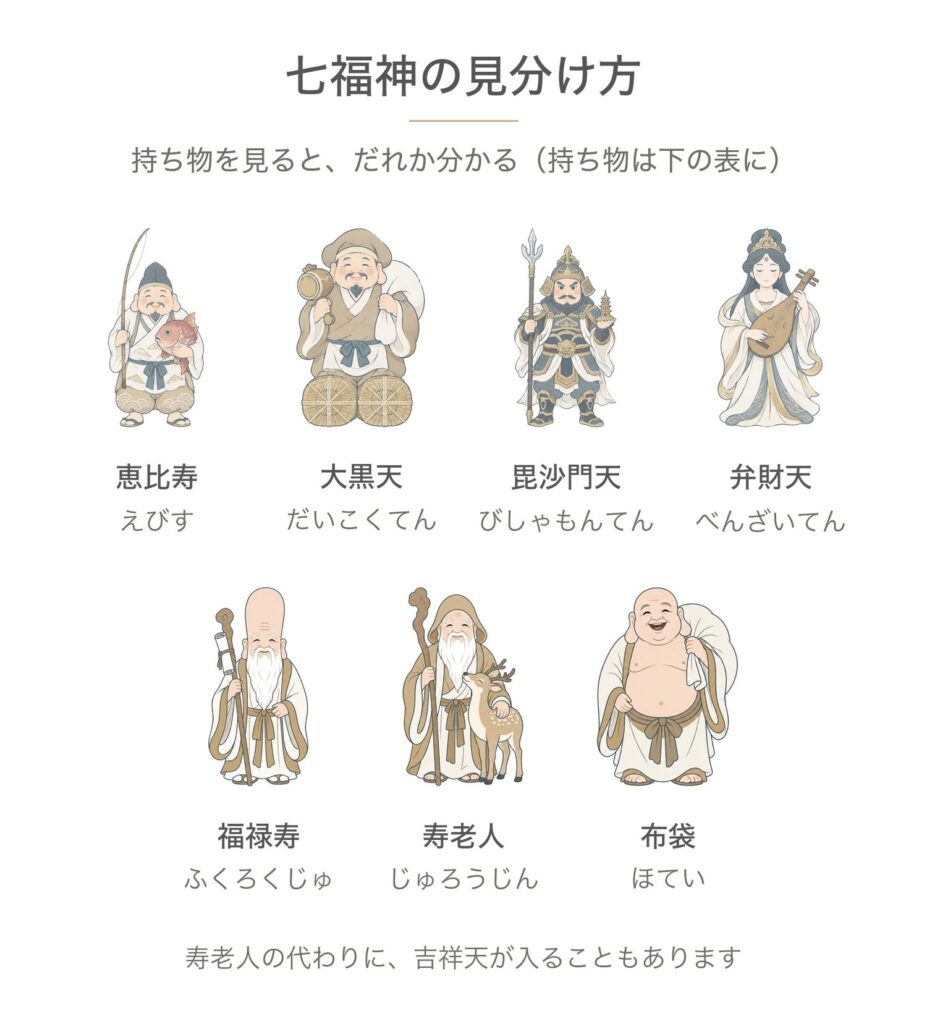 七福神の見分け方。恵比寿・大黒天・毘沙門天・弁財天・福禄寿・寿老人・布袋を、持ち物がわかる姿で並べた図