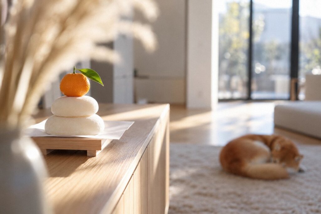 お正月の朝、高い棚の上に飾った小さな鏡餅と、離れた床で眠るペットの柴犬。神棚にのらない鏡餅を、犬の口が届かない所に飾るイメージ