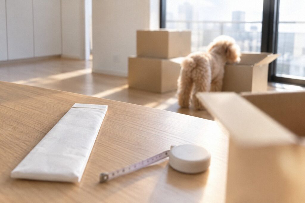 引っ越したばかりの部屋のテーブルに置いた包みのままのお札と巻き尺、箱をのぞくペットの犬。はじめての神棚をお札の大きさを測ってから選ぶイメージ