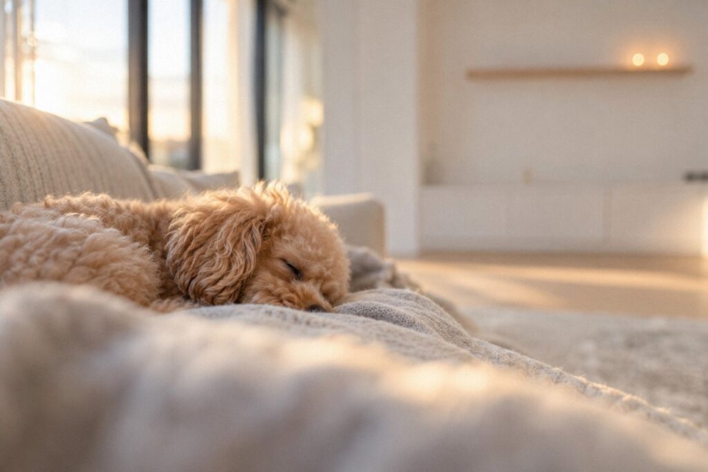 夕方のソファで眠るトイプードルと、奥の高い棚にともる2つの小さな灯り。ペットのいる家で、神棚の灯明に火を使わない灯りを選ぶイメージ