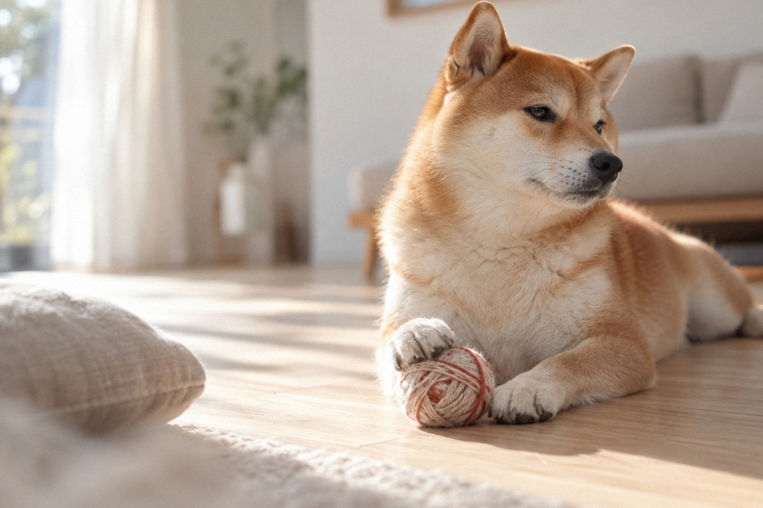前足で丸い毛糸の玉を押さえて伏せる柴犬。狛犬の足元の玉「玉取り」のポーズを思わせるイメージ