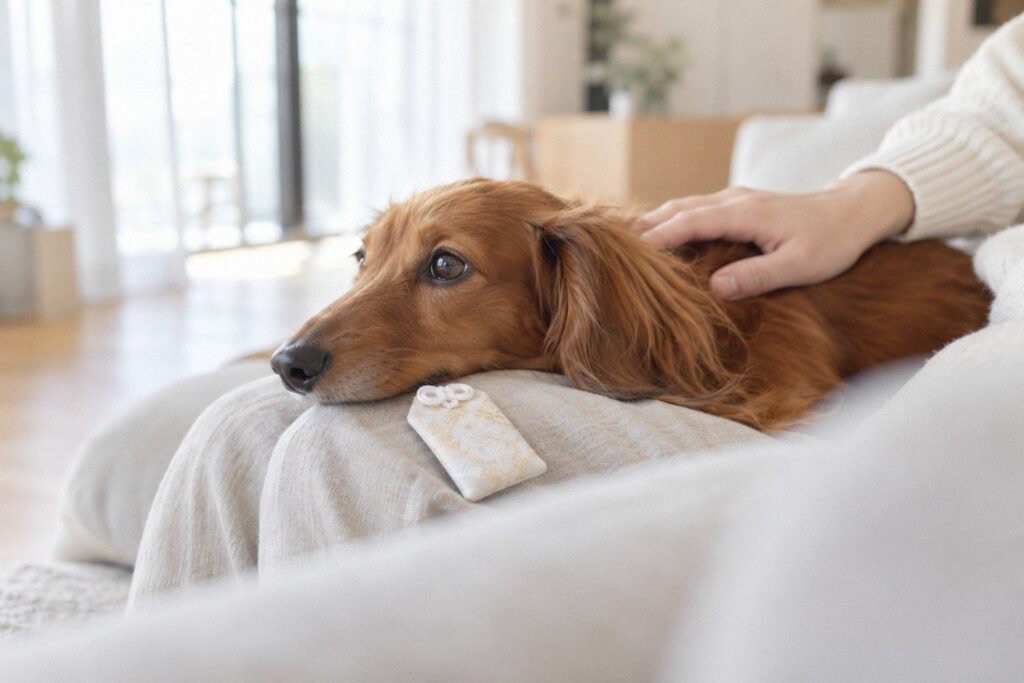 ソファで飼い主のひざにあごをのせるミニチュアダックスと、ひざの上の白いお守り。ペットの手術の前に病気平癒を願うイメージ