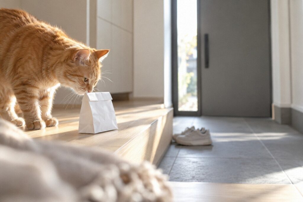 初詣から帰った玄関で、お守りの入った白い紙袋のにおいをかぐ茶トラ猫。飼い主が代わりにお参りするペットの初詣のイメージ