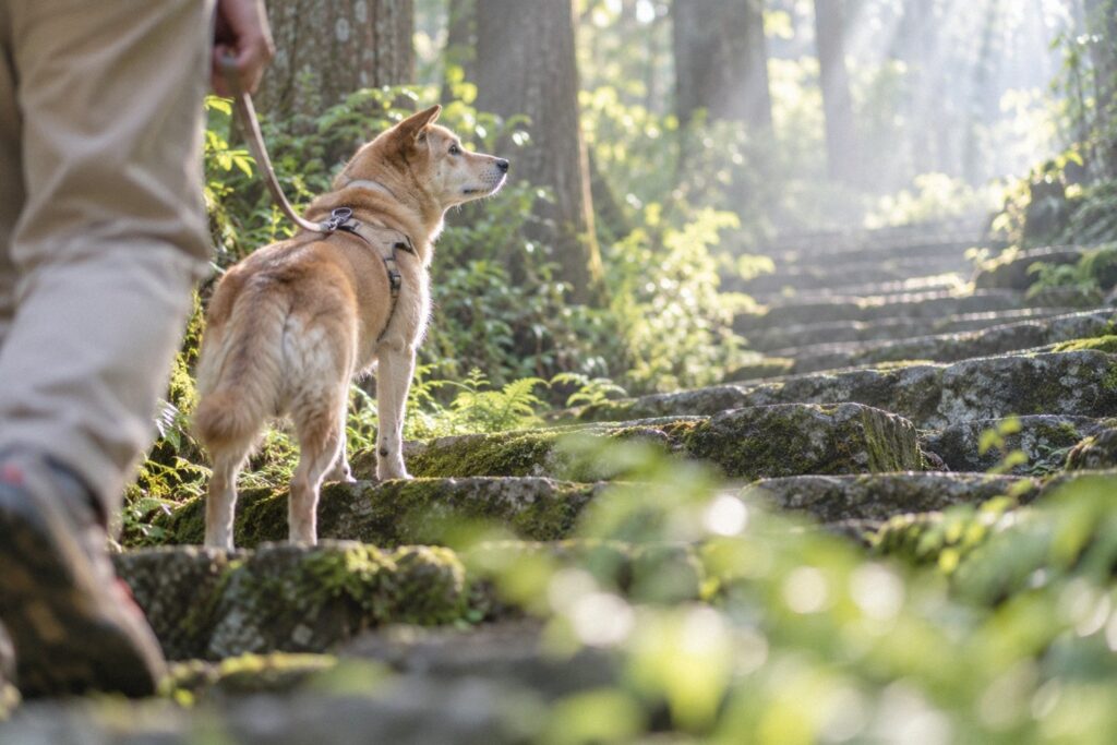 杉木立の苔むした石段で立ち止まる犬と、飼い主の足元。おいぬ様（狼）の山の神社へ愛犬とお参りするイメージ