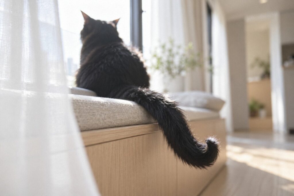 窓辺に座る黒猫の、先がかぎのように曲がったしっぽ。幸せをひっかけてくるといわれる、猫のかぎしっぽの縁起のイメージ