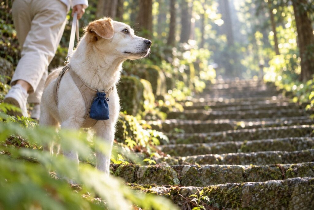 小さな袋を胸に下げ、神社の石段を見上げる白い犬。飼い主の代わりにお参りした、おかげ犬・こんぴら狗のイメージ