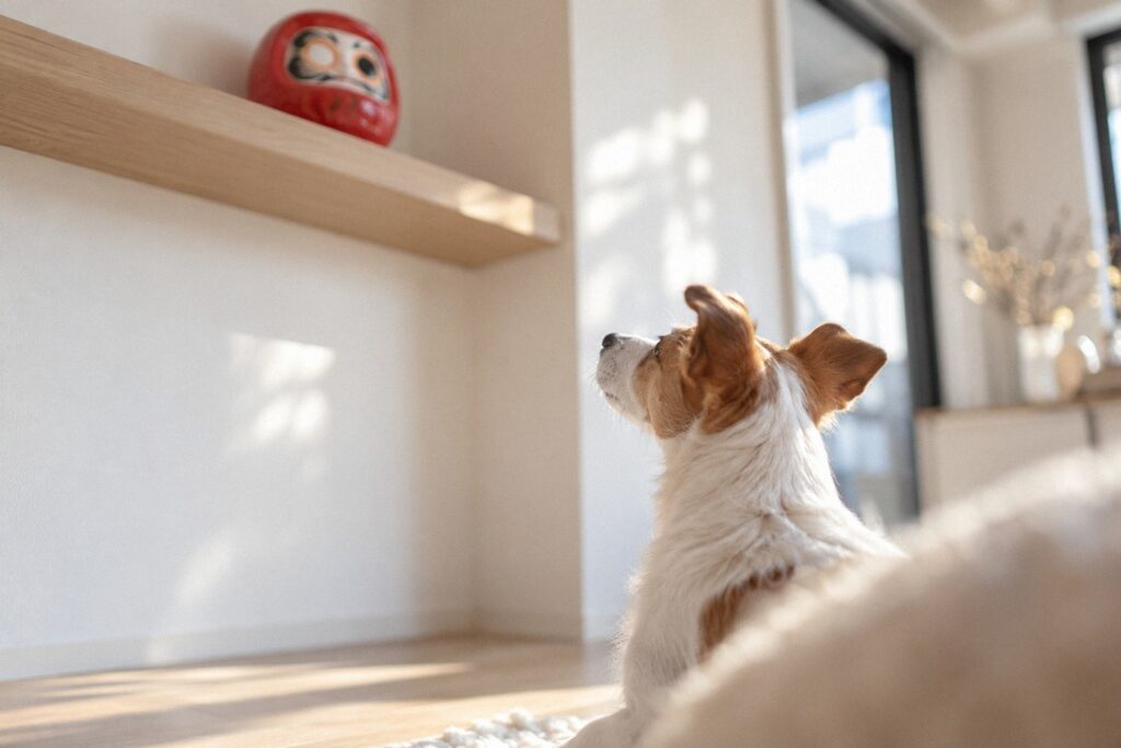 高い棚の、向かって右の目だけ入れた赤いだるまを見上げる犬。だるまの目入れと、犬や猫と暮らす家での飾る場所のイメージ