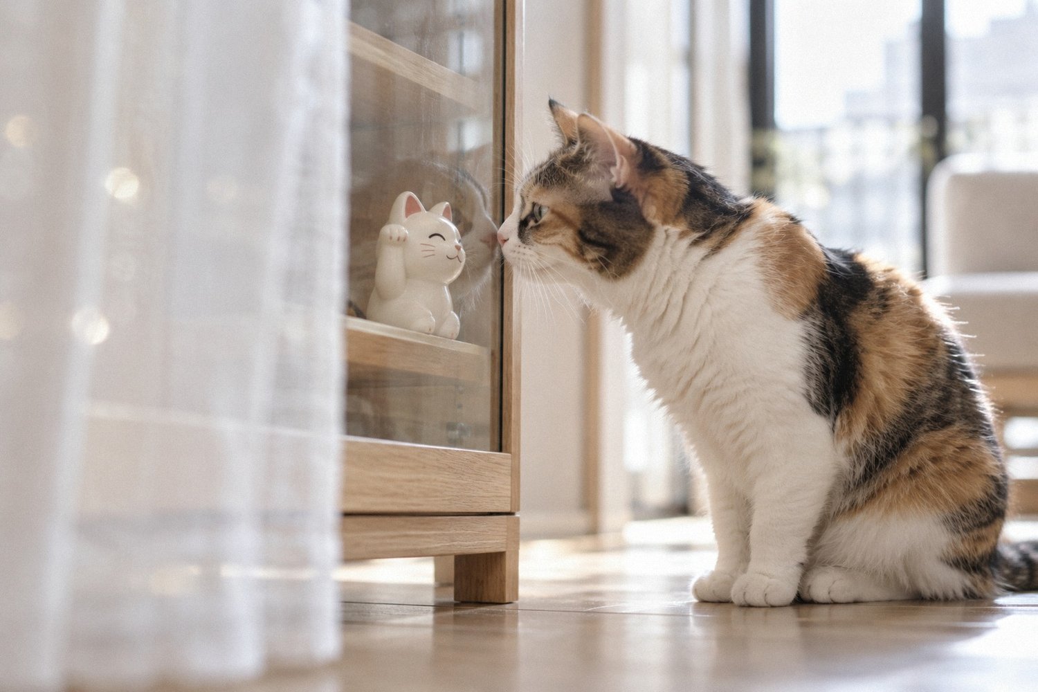 右手を上げた白い招き猫に、ガラス戸越しに鼻を寄せる三毛猫。招き猫の由来と、猫と暮らす家で割れないように飾るイメージ