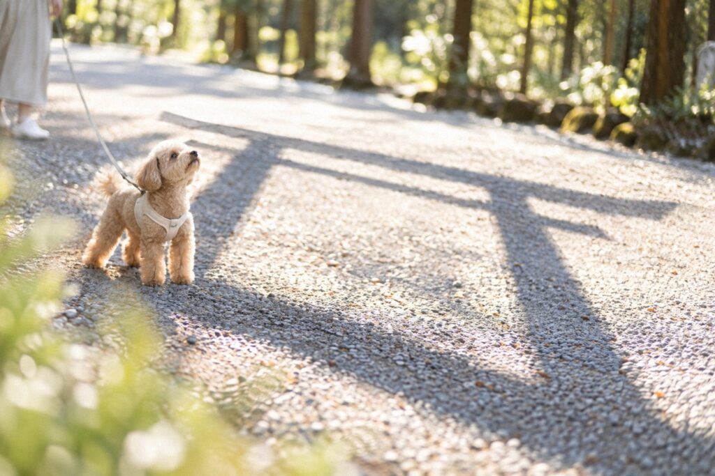 参道に落ちた鳥居の影のそばで、空を見上げるトイプードル。犬とのお散歩で見かける鳥居の意味と、横木の形のイメージ