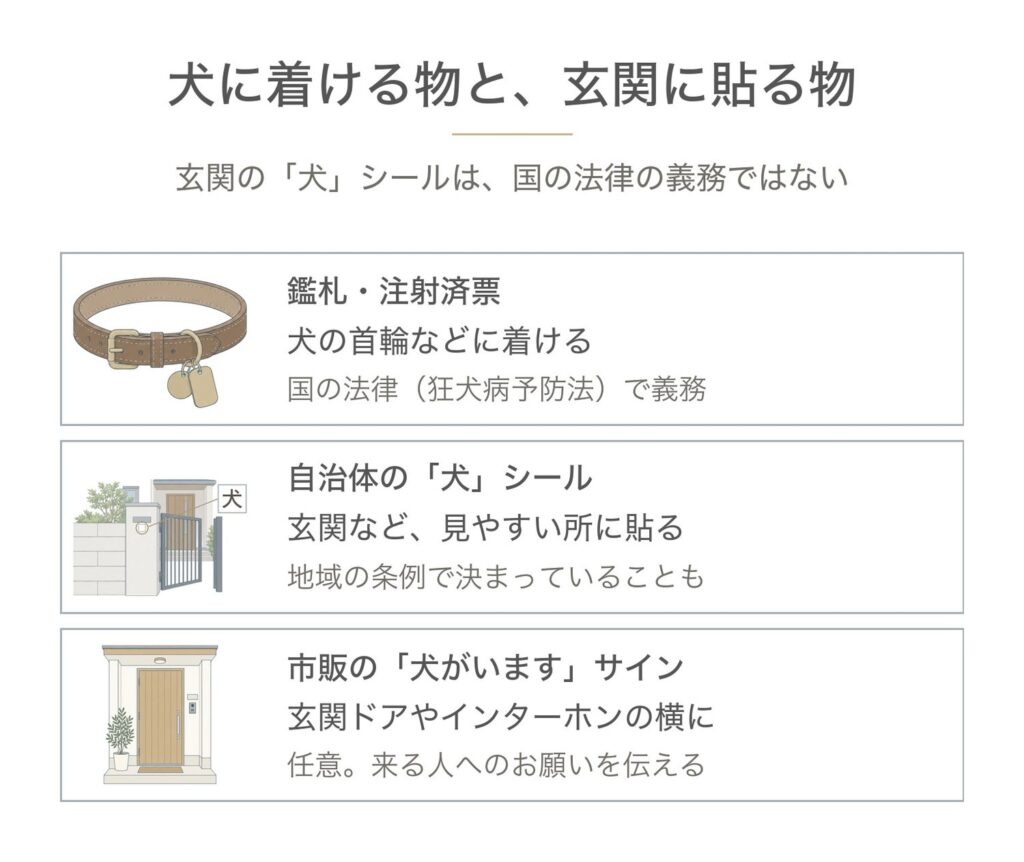 犬の鑑札と注射済票は首輪に着ける国の義務。玄関の犬シールは地域の条例、市販の犬がいますサインは任意